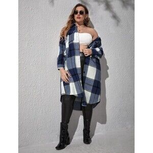 SHEiN Women’s Blue Plus Plaid Flap Pocket Midi Coat Dress shirt  Size 2X New